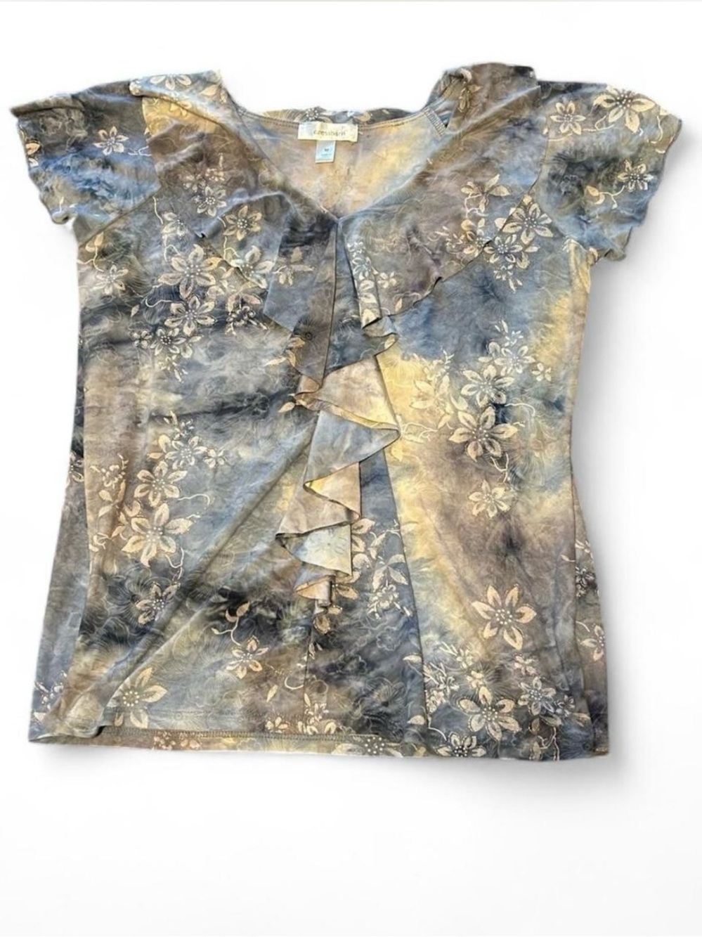 vintage y2k whimsical dressbarn light blue floral sparkly short sleeve blouse